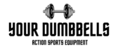 A Dumbbell in black with the name of the brand and tagline under 'your dumbbells action sports equipment