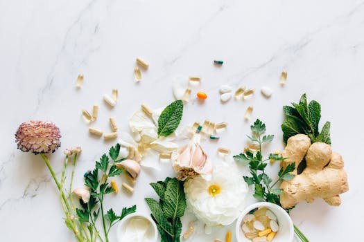 Natural herbs and pills arranged on a marble surface for a holistic healthcare theme. best supplements for muscle growth
